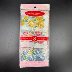 NWT‎ Axxents Handkerchiefs Set of 3 Floral Printed Cotton Scalloped 12” x 12”